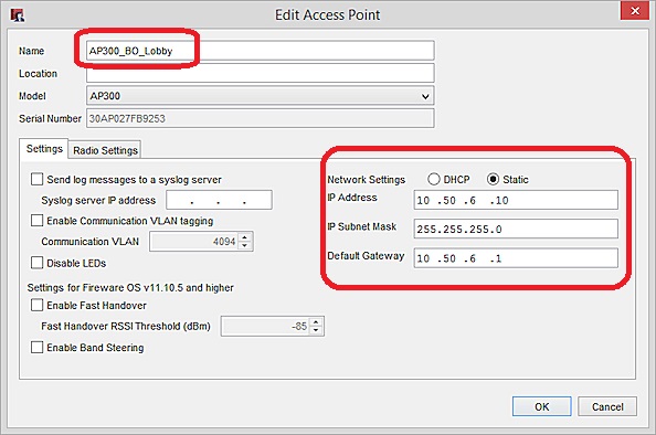 Captura de pantalla de la configuración de la dirección IP del dispositivo AP en Policy Manager
